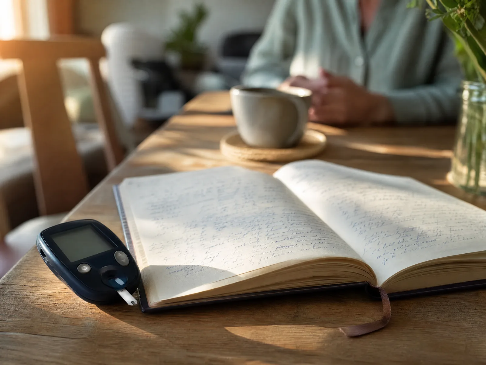 Blutzuckermessgerät und Notizbuch auf einem Tisch